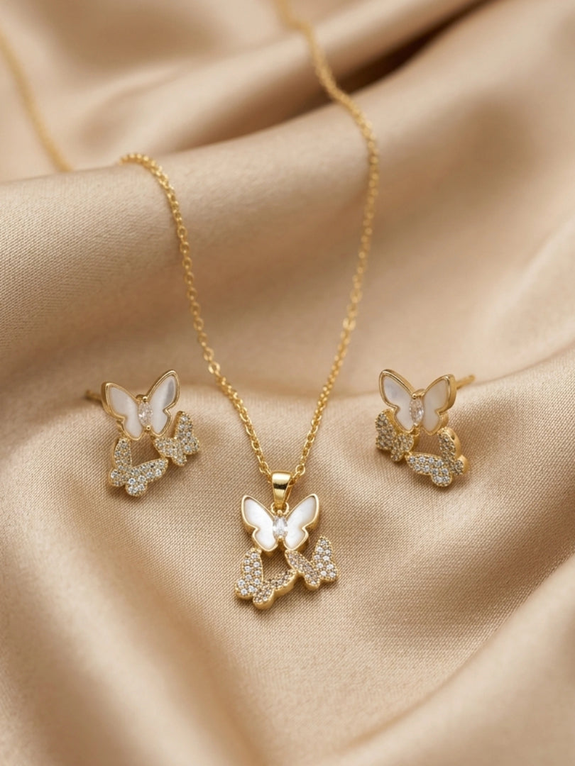 Double Butterfly Pearl Jewellery Set