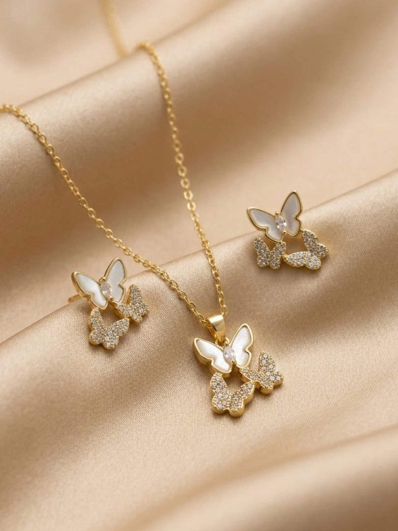 Double Butterfly Pearl Jewellery Set