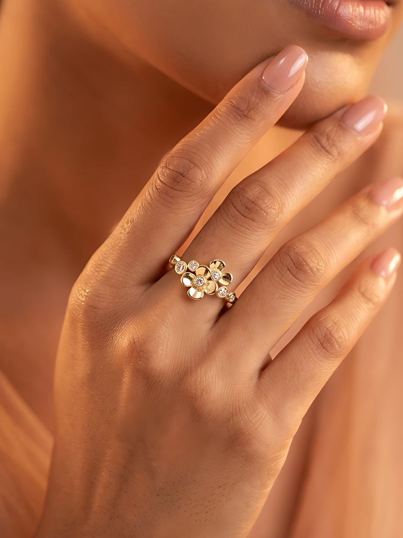 Golden Bloom Crystal Flower Ring