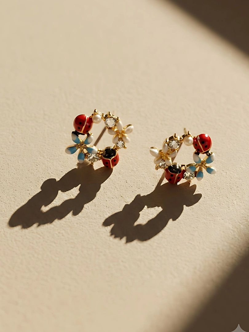 Ladybug Blossom Wreath Stud Earrings