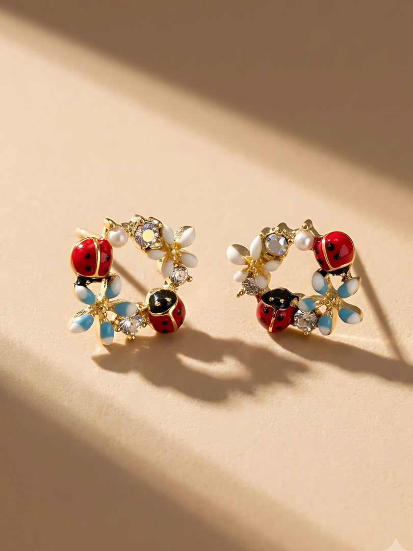 Ladybug Blossom Wreath Stud Earrings
