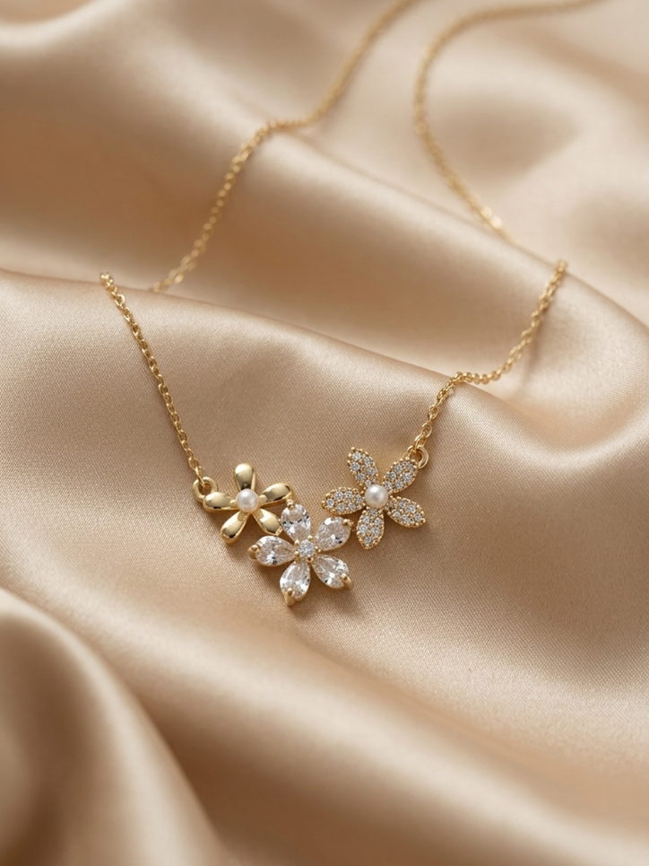 Triple Bloom Pearl Crystal Necklace
