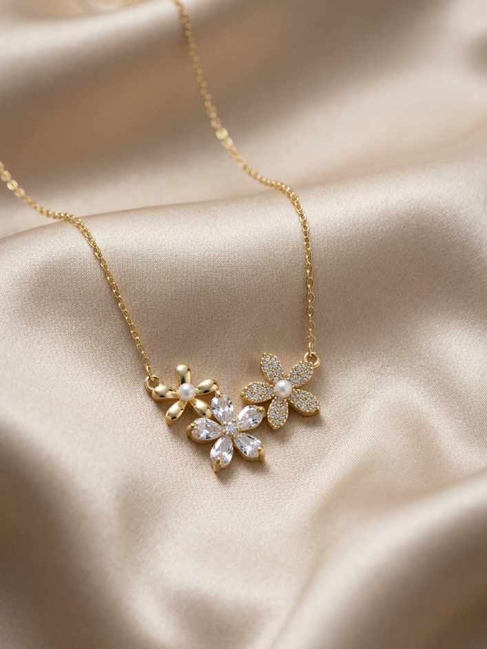 Triple Bloom Pearl Crystal Necklace