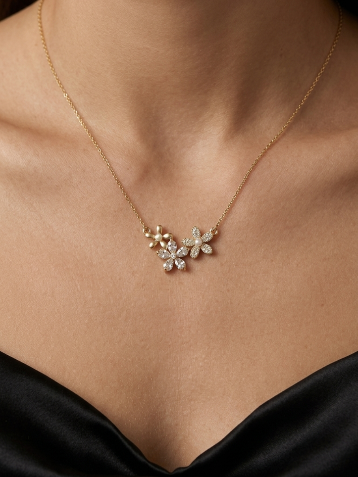 Triple Bloom Pearl Crystal Necklace