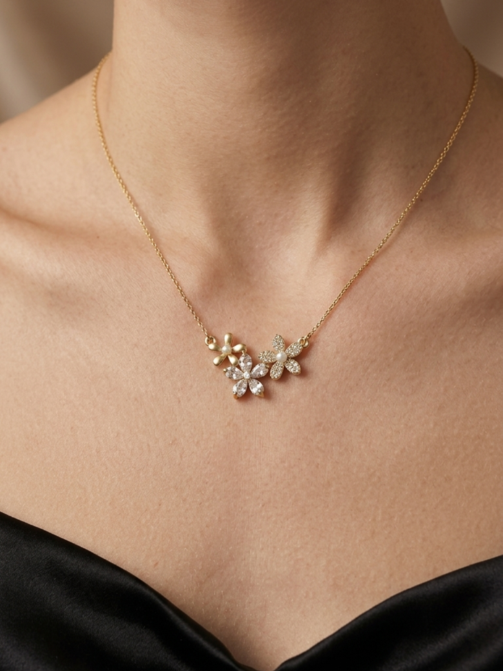 Triple Bloom Pearl Crystal Necklace