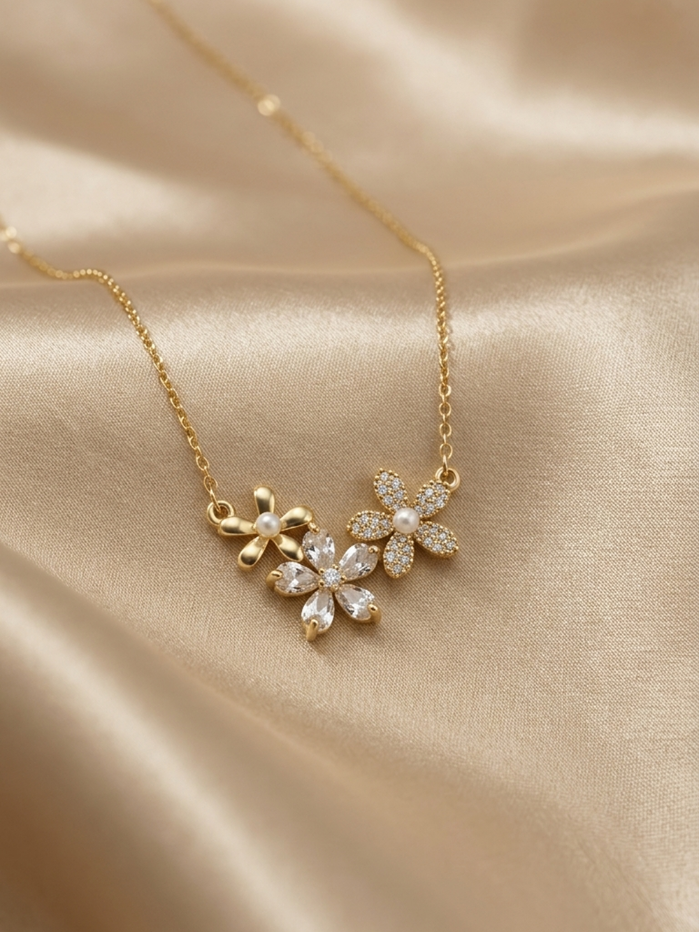 Triple Bloom Pearl Crystal Necklace