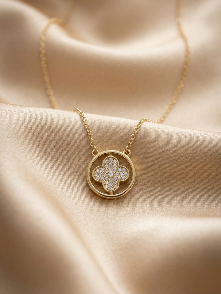 Pave Clover Circle Pendant Necklace