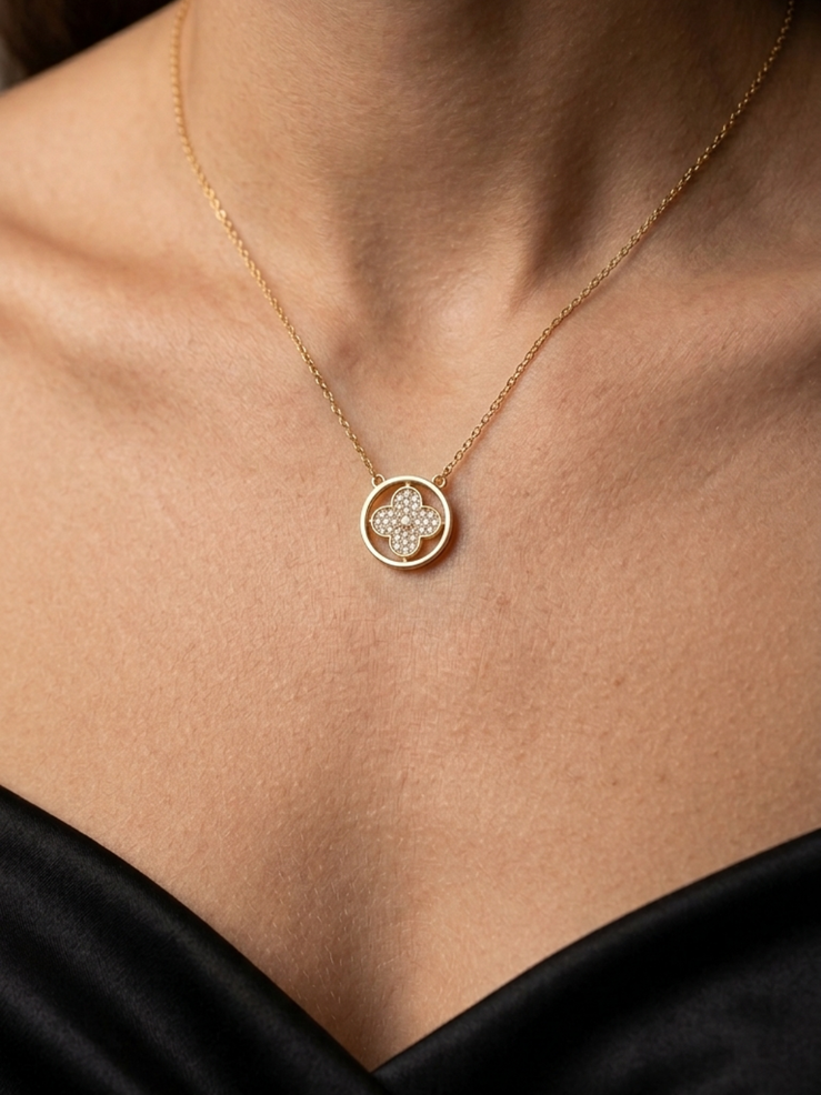 Pave Clover Circle Pendant Necklace