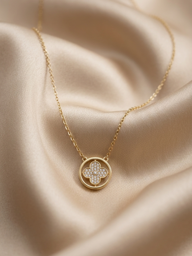 Pave Clover Circle Pendant Necklace