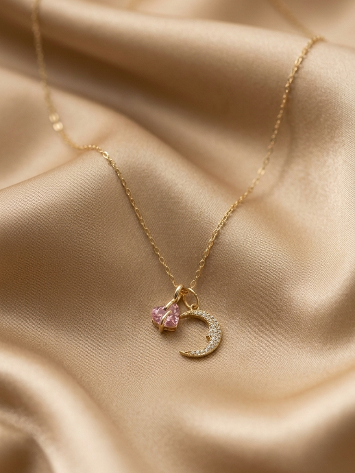 Pink Heart Moon Charm Necklace