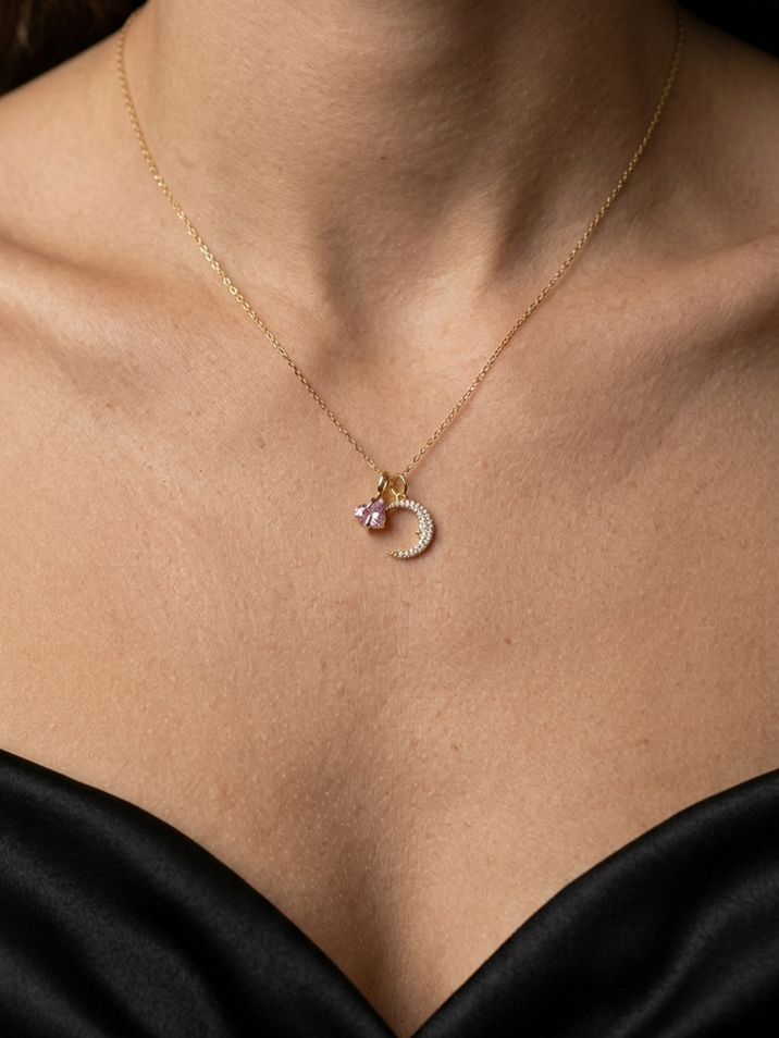 Pink Heart Moon Charm Necklace