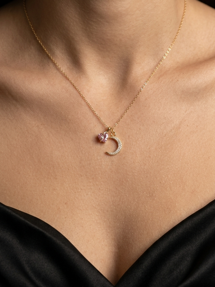 Pink Heart Moon Charm Necklace