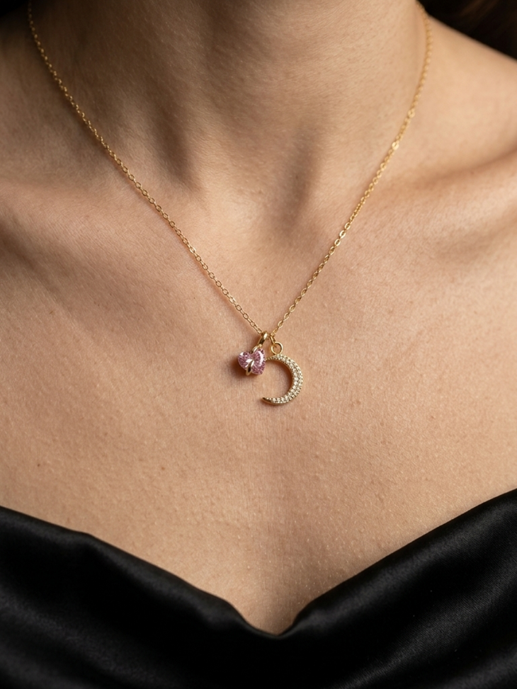 Pink Heart Moon Charm Necklace