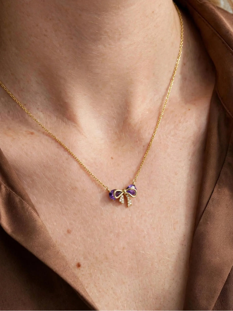 Amethyst Bow & Crystal Ribbon Necklace