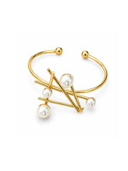 Architectural Pearl & Golden Bar Cuff Bracelet