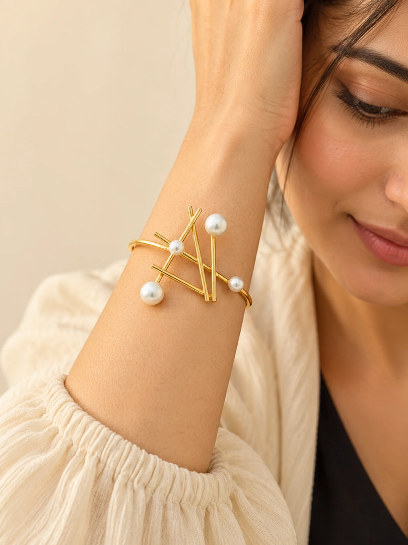 Architectural Pearl & Golden Bar Cuff Bracelet