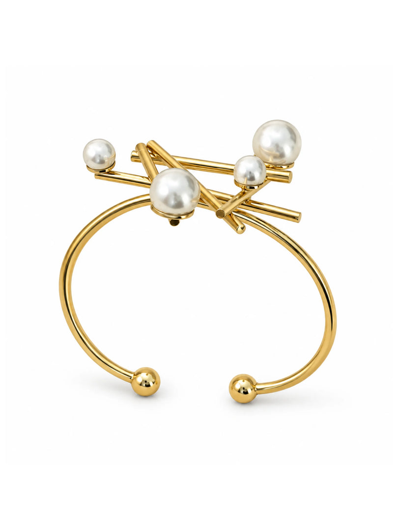 Architectural Pearl & Golden Bar Cuff Bracelet