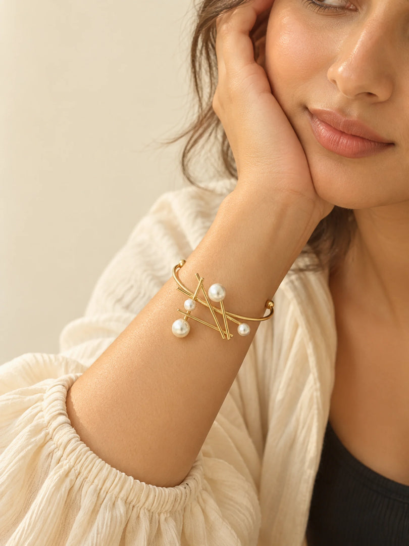 Architectural Pearl & Golden Bar Cuff Bracelet