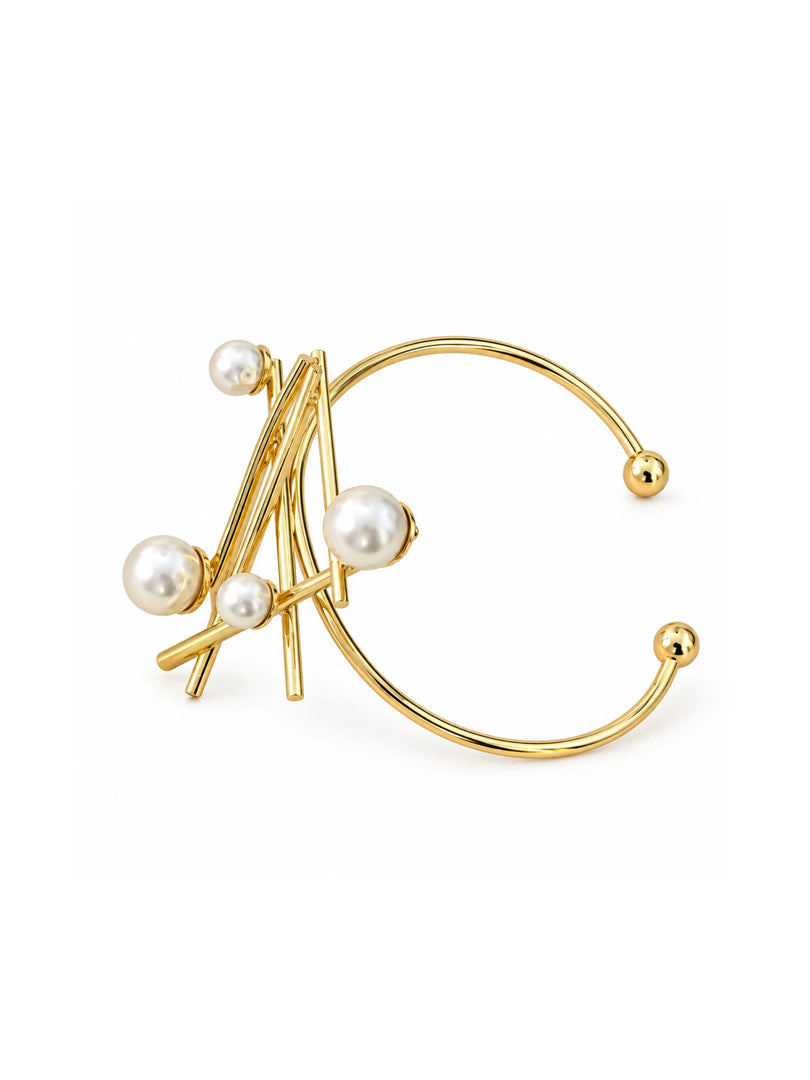 Architectural Pearl & Golden Bar Cuff Bracelet
