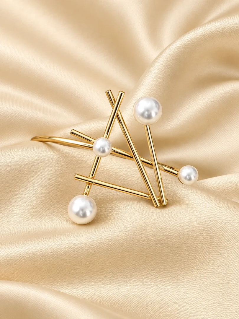 Architectural Pearl & Golden Bar Cuff Bracelet
