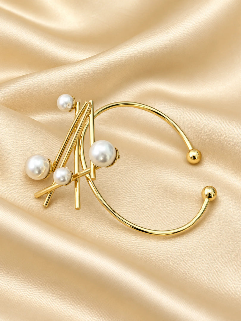 Architectural Pearl & Golden Bar Cuff Bracelet