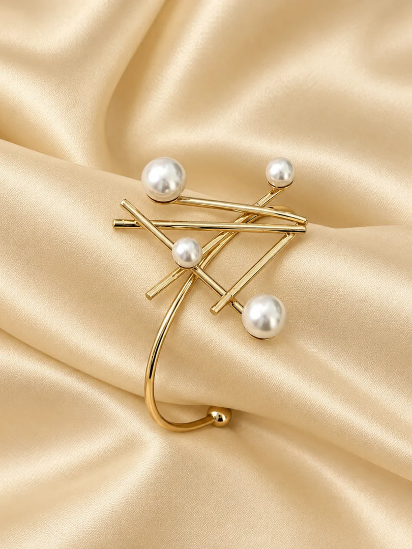 Architectural Pearl & Golden Bar Cuff Bracelet