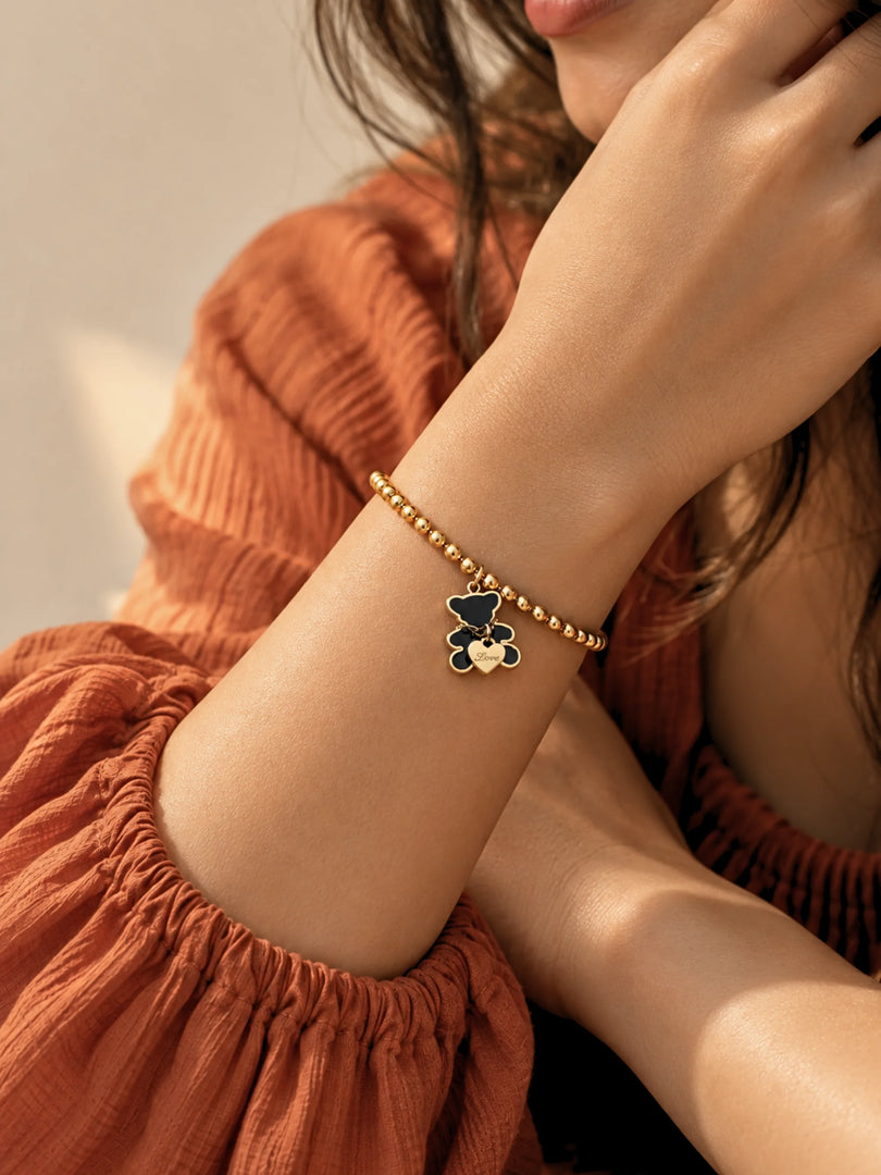 Black Bear Love Charm Bead Bracelet