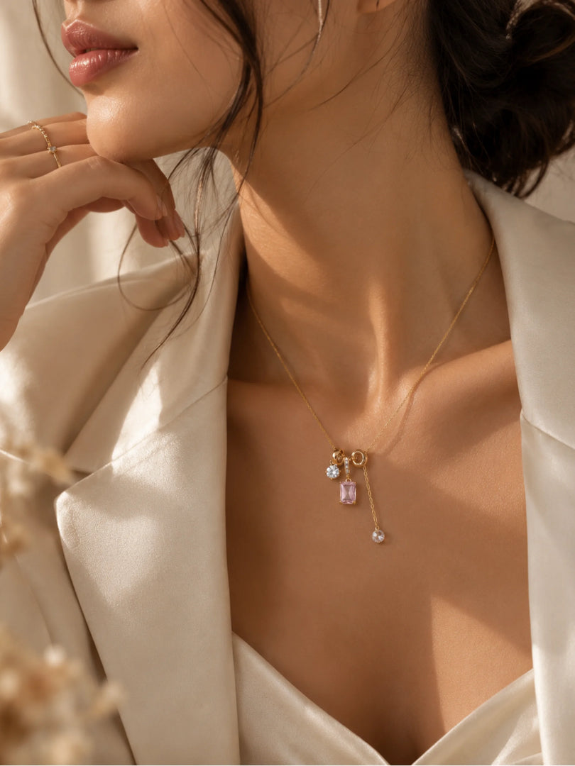 Blush Gem & Bow Lariat Necklace