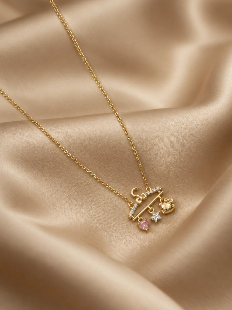 Kitty & Multi-Charm Bar Necklace