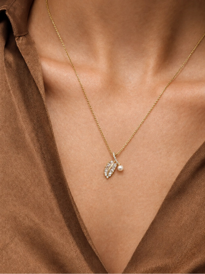 Crystal Leaf & Pearl Drop Necklace