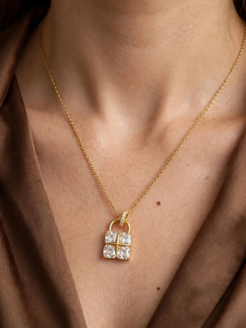 Crystal Padlock & Four-Prong Cluster Necklace