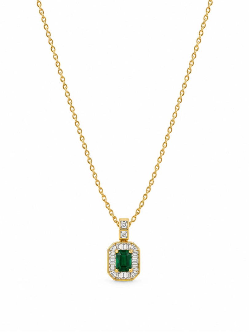 Emerald Cut Green Halo Necklace