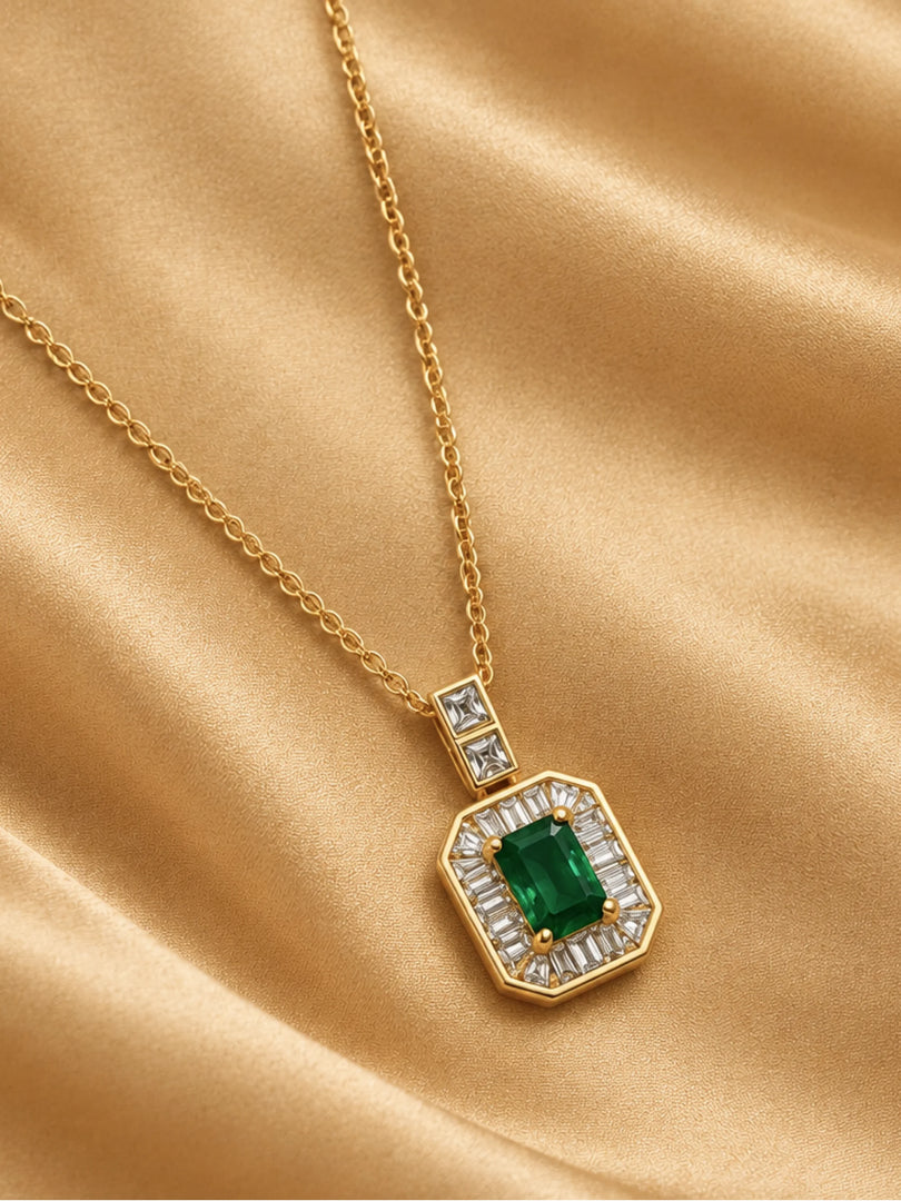 Emerald Cut Green Halo Necklace
