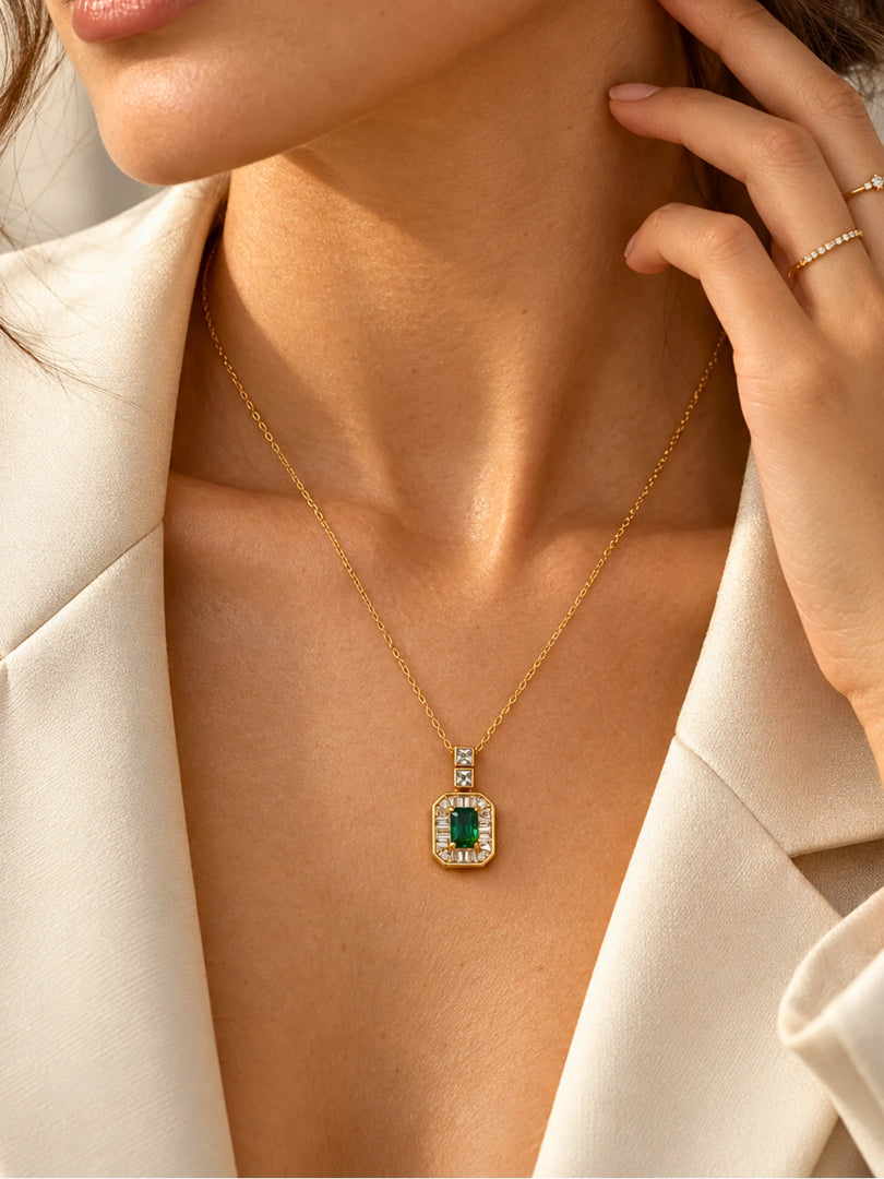 Emerald Cut Green Halo Necklace