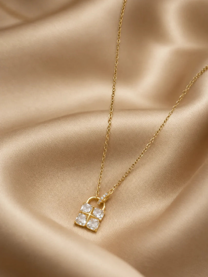 Crystal Padlock & Four-Prong Cluster Necklace