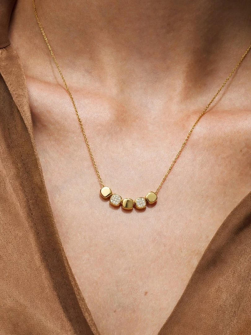 Golden Beaded Cushion & Pave Station Necklace
