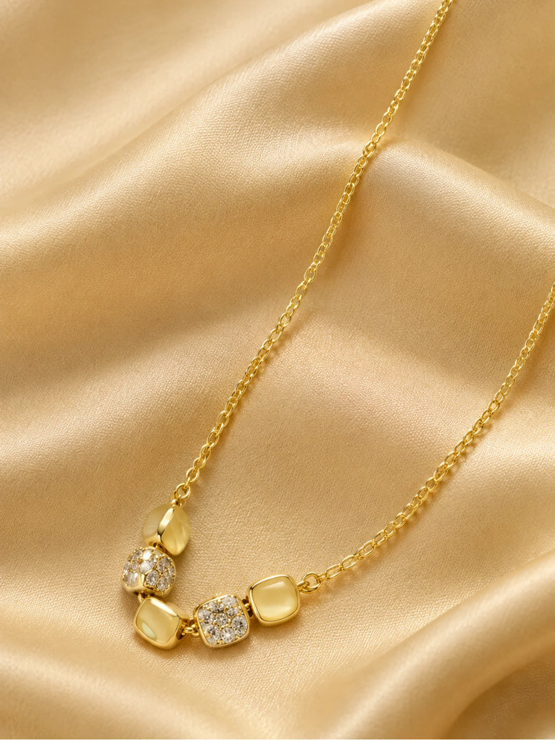 Golden Beaded Cushion & Pave Station Necklace
