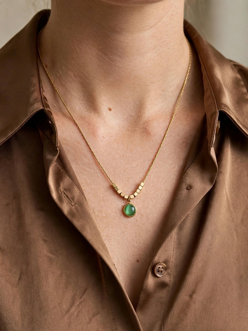 Golden Beaded Emerald Cabochon Necklace