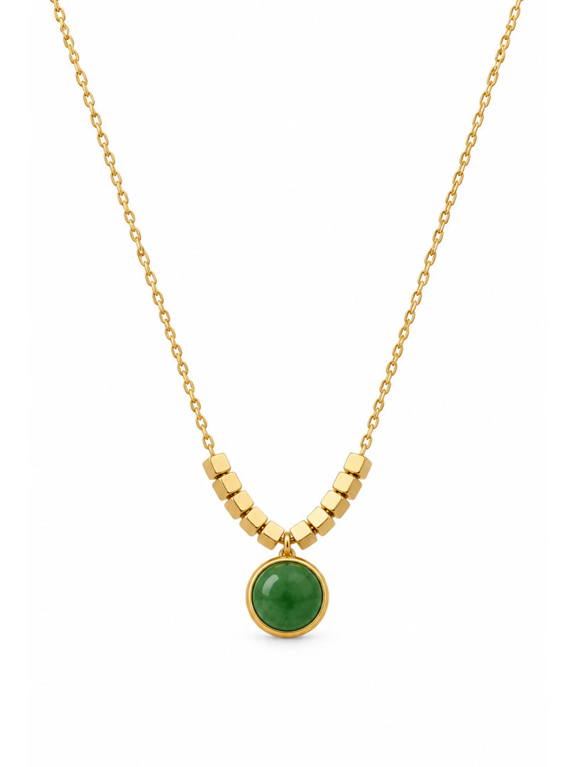 Golden Beaded Emerald Cabochon Necklace