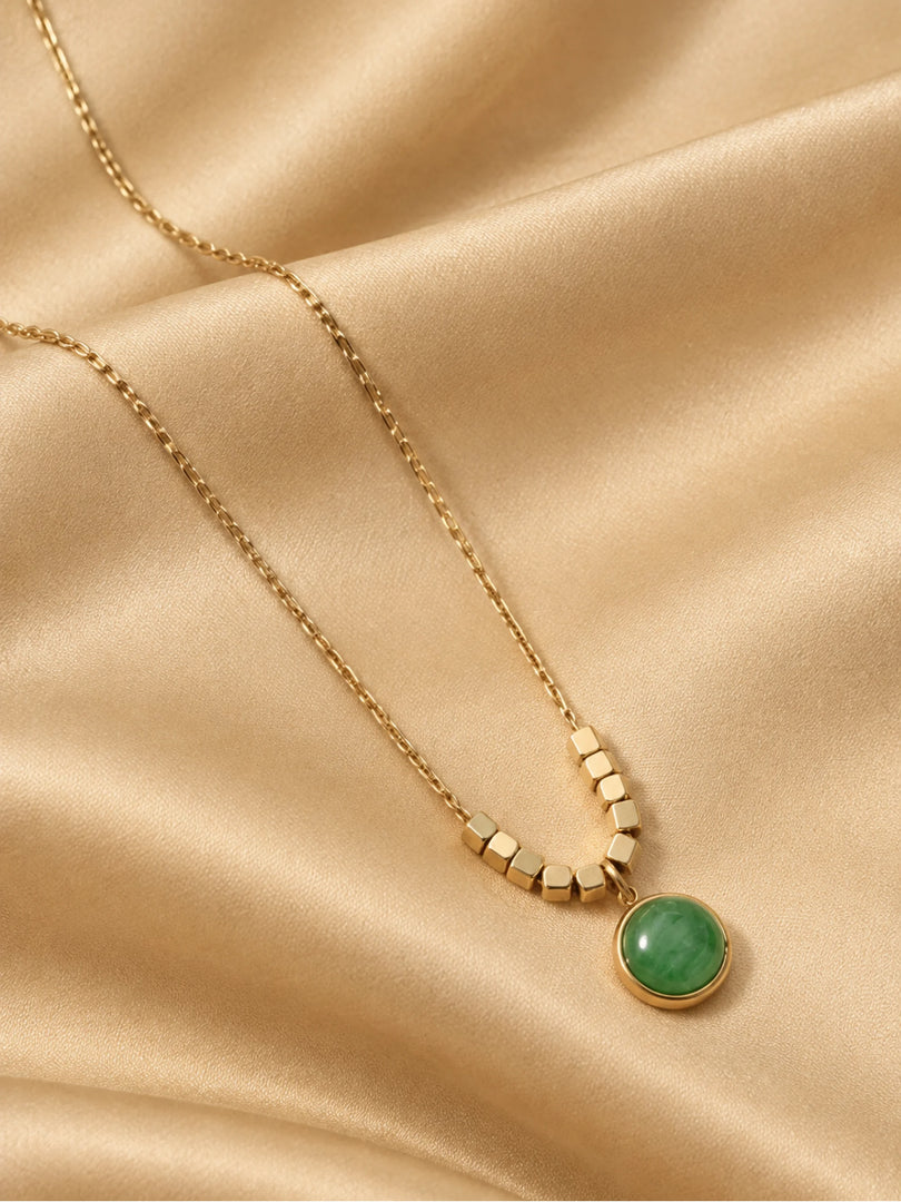 Golden Beaded Emerald Cabochon Necklace
