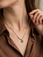 Golden Beaded Emerald Cabochon Necklace