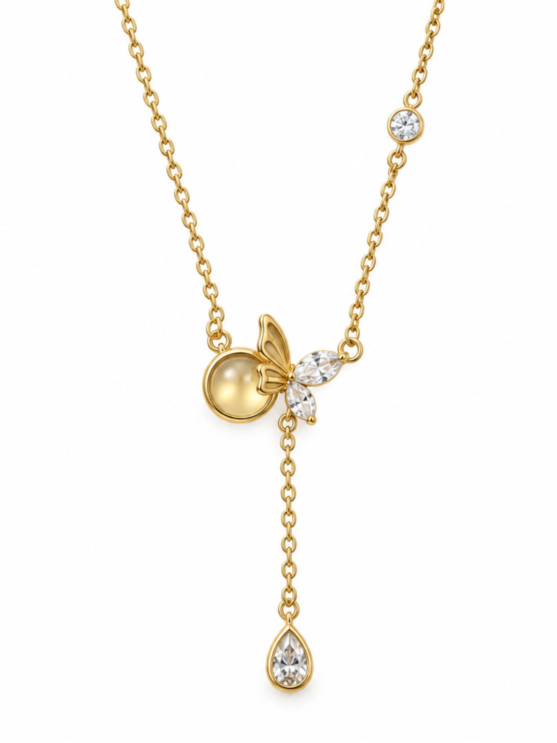 Golden Butterfly Moonstone Lariat Necklace