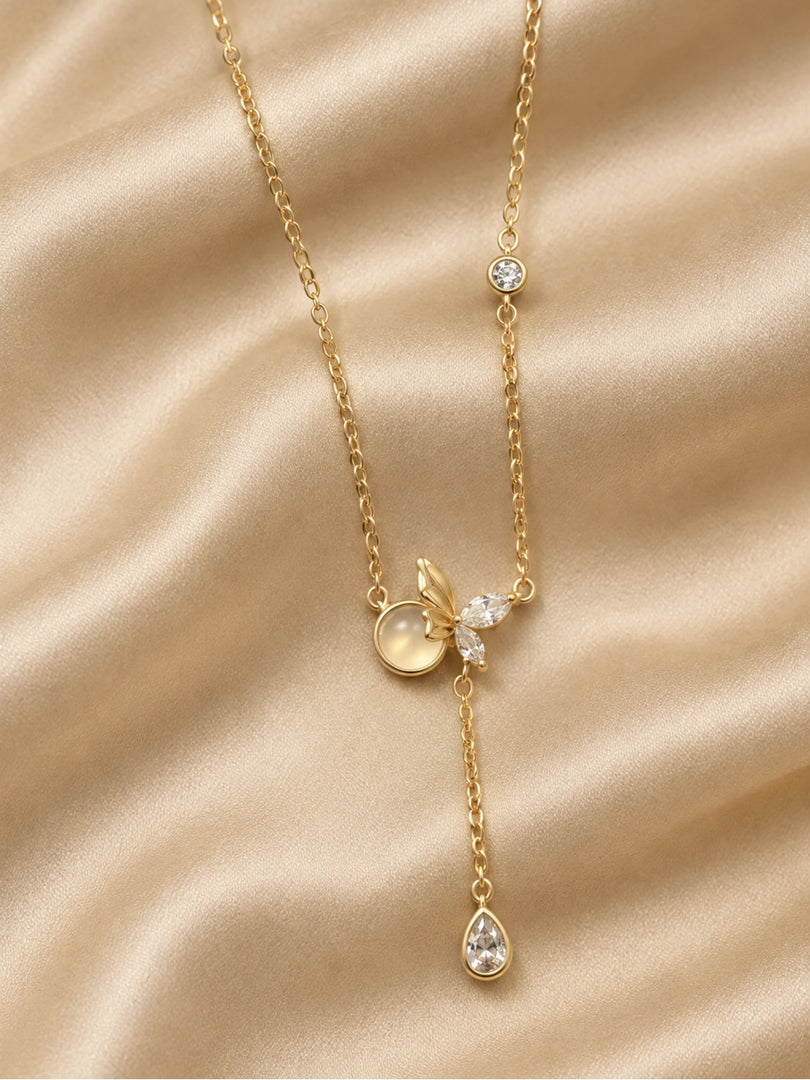 Golden Butterfly Moonstone Lariat Necklace