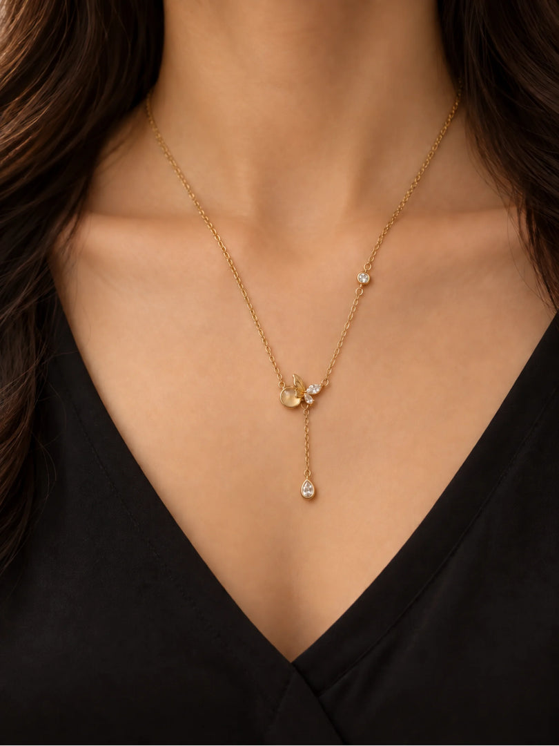 Golden Butterfly Moonstone Lariat Necklace