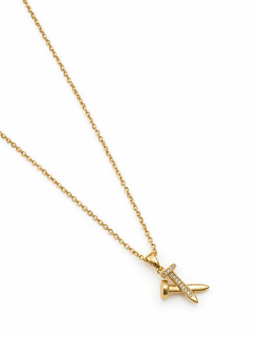 Golden Crossed Nail & Crystal Necklace