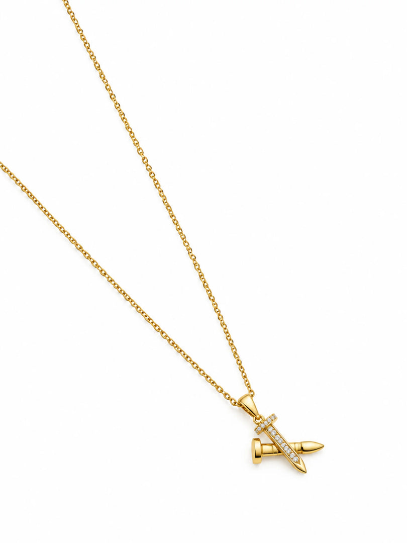 Golden Crossed Nail & Crystal Necklace