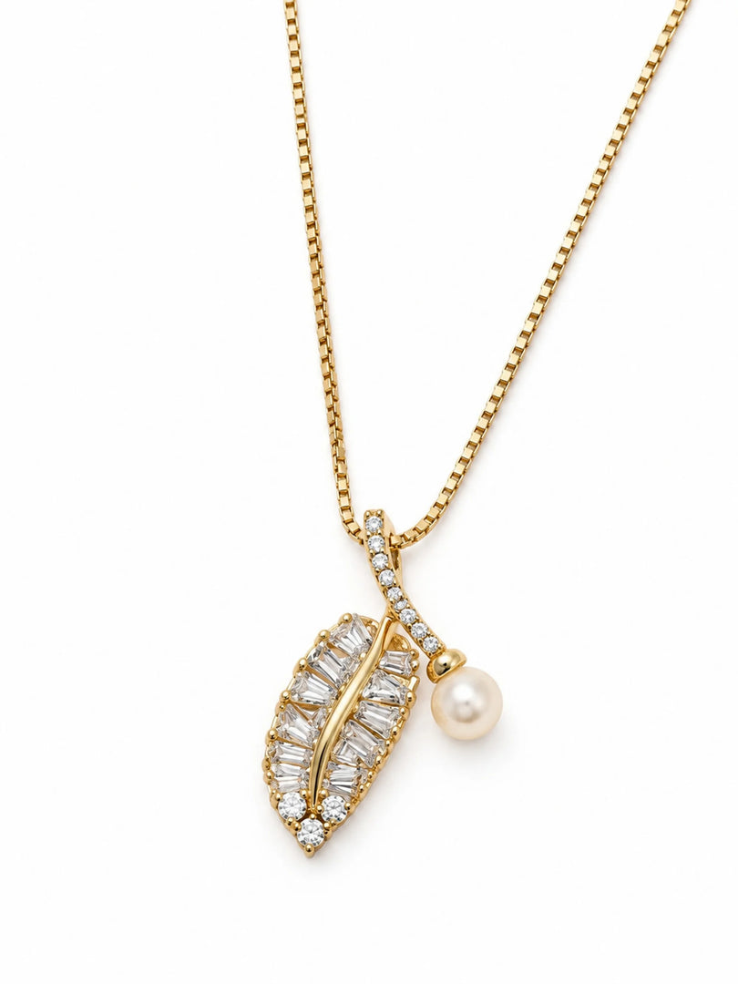 Crystal Leaf & Pearl Drop Necklace