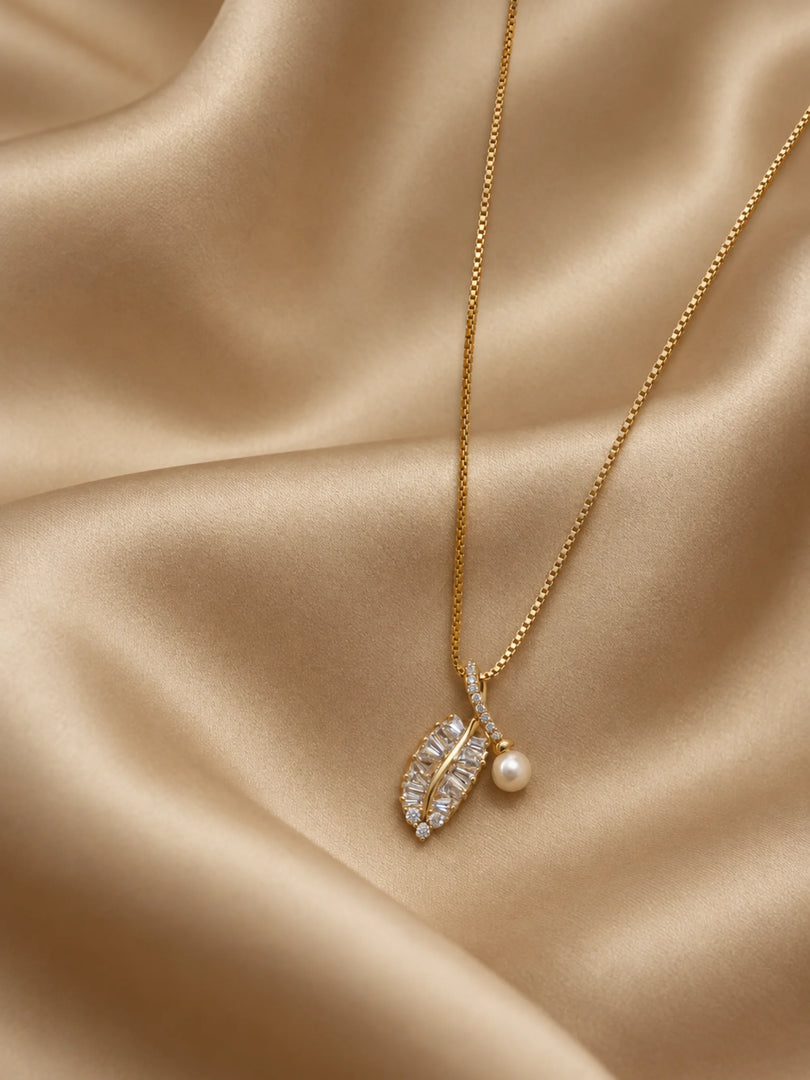 Crystal Leaf & Pearl Drop Necklace