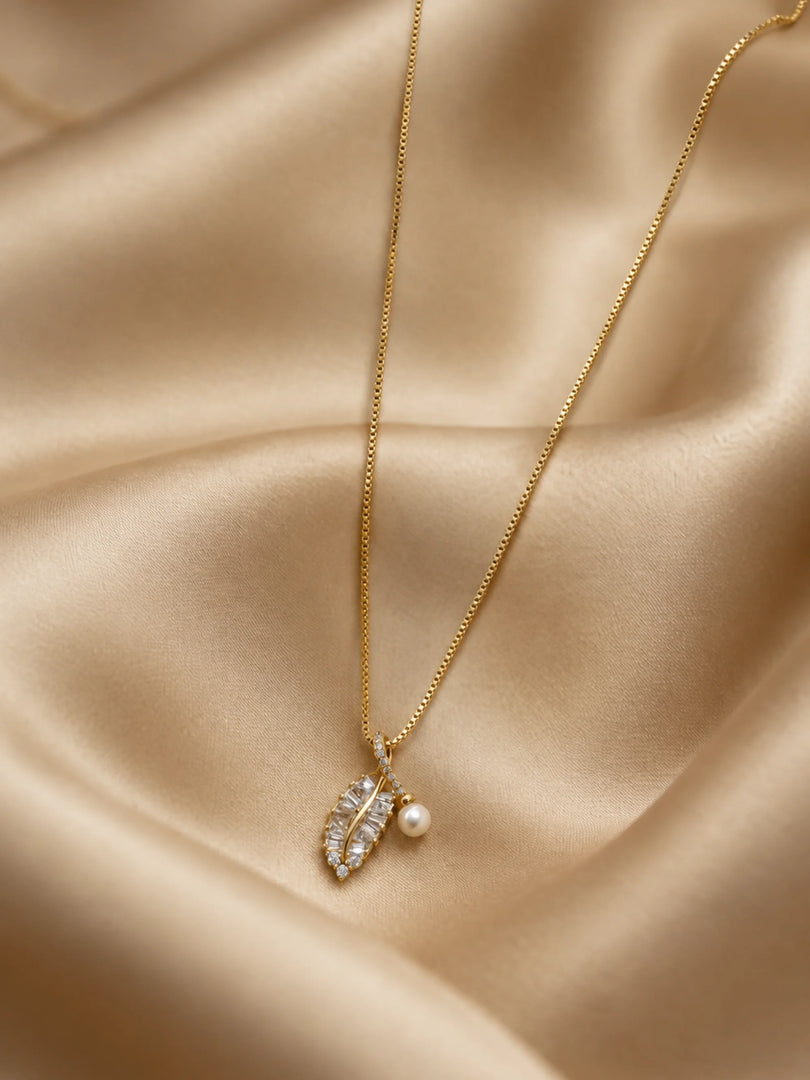 Crystal Leaf & Pearl Drop Necklace