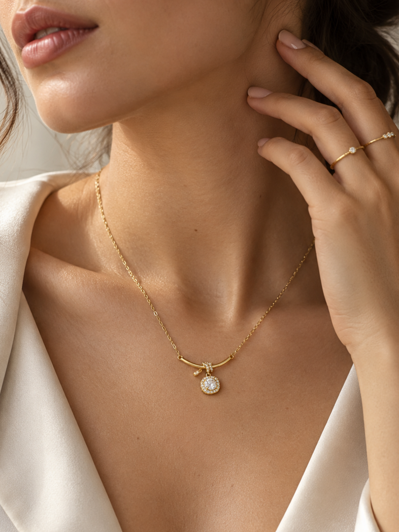Curved Bar & Crystal Halo Necklace